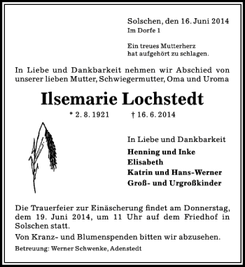 Traueranzeige von Ilsemarie Lochstedt von Peiner Allgemeine Zeitung