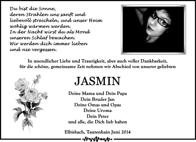 Traueranzeige für Jasmin  vom 14.06.2014 aus Leipziger Volkszeitung