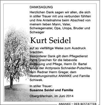 Traueranzeige von Kurt Seidel von Leipziger Volkszeitung
