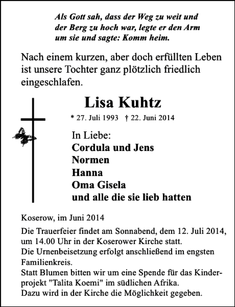  Traueranzeige für Lisa Kuhtz vom 28.06.2014 aus Ostsee-Zeitung