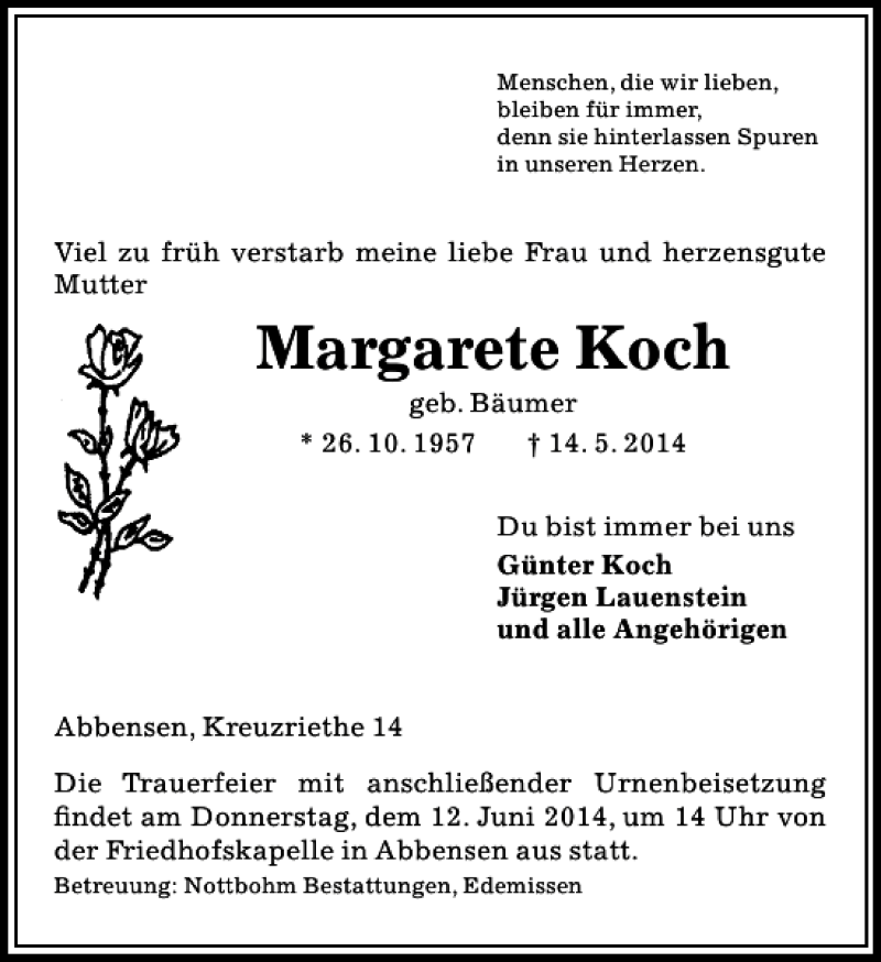  Traueranzeige für Margarete Koch vom 10.06.2014 aus Peiner Allgemeine Zeitung