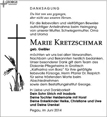 Traueranzeige von Marie Kretzschmar von Leipziger Volkszeitung