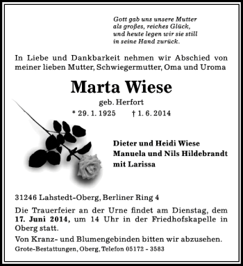 Traueranzeige von Marta Wiese von Peiner Allgemeine Zeitung