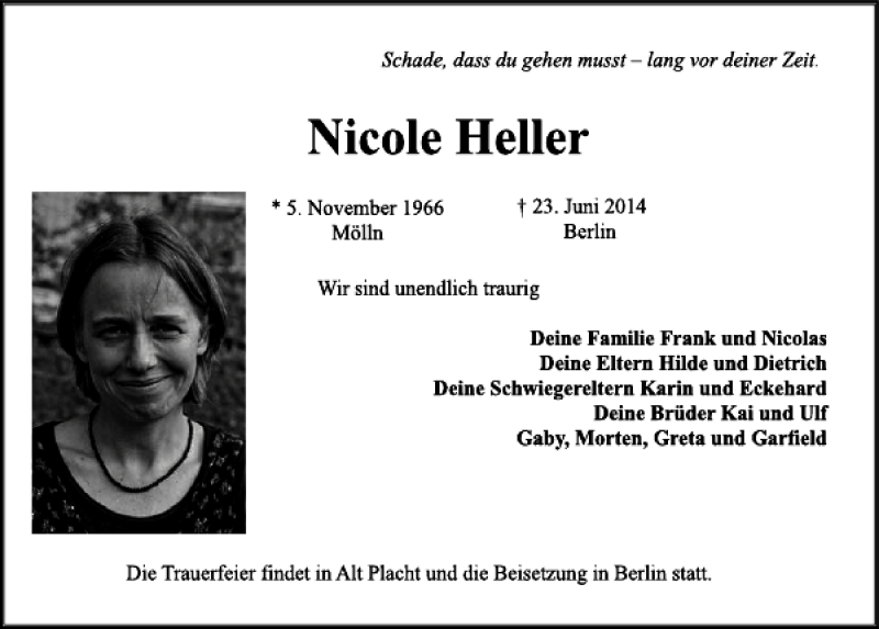  Traueranzeige für Nicole Heller vom 28.06.2014 aus Kieler Nachrichten / Segeberger Zeitung