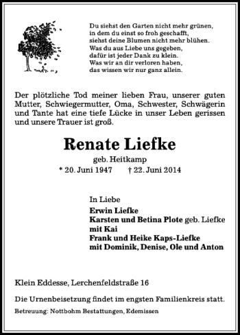 Traueranzeige von Renate Liefke von Peiner Allgemeine Zeitung