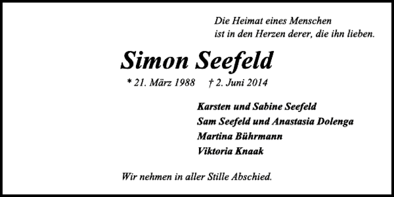  Traueranzeige für Simon Seefeld vom 14.06.2014 aus Kieler Nachrichten / Segeberger Zeitung