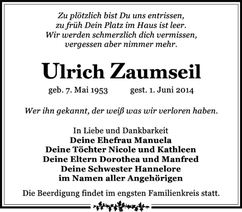  Traueranzeige für Ulrich Zaumseil vom 04.06.2014 aus Leipziger Volkszeitung
