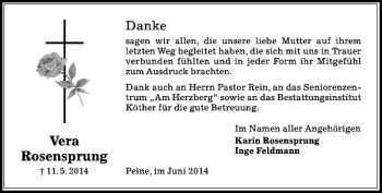 Traueranzeige von Vera Rosensprung von Peiner Allgemeine Zeitung
