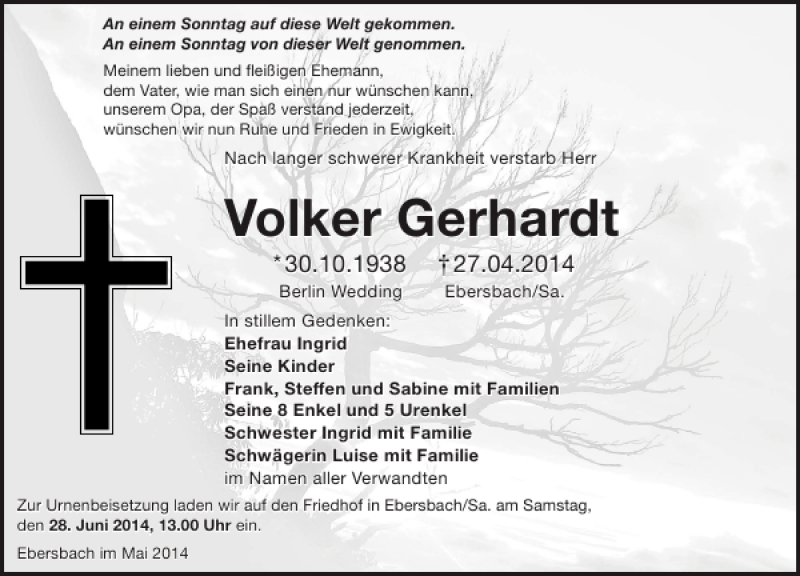  Traueranzeige für Volker Gerhardt vom 14.06.2014 aus Sächsische Zeitung
