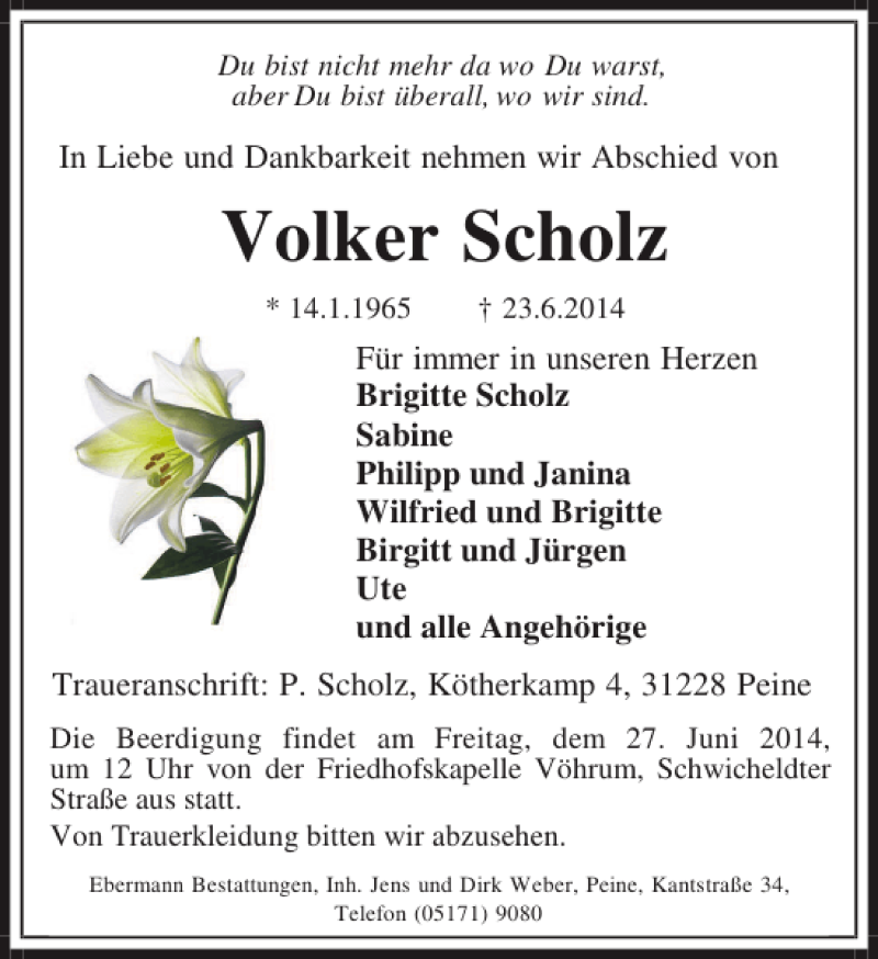  Traueranzeige für Volker Scholz vom 25.06.2014 aus Peiner Allgemeine Zeitung