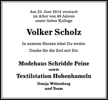 Traueranzeige von Volker Scholz von Peiner Allgemeine Zeitung