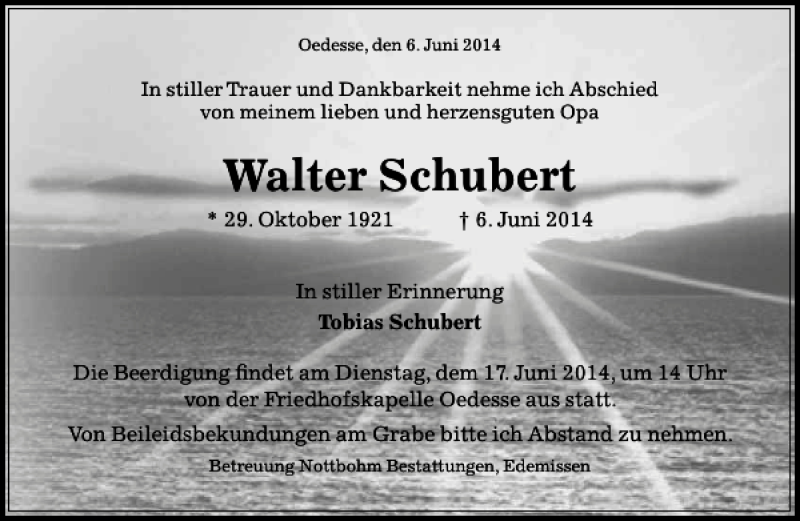  Traueranzeige für Walter Schubert vom 10.06.2014 aus Peiner Allgemeine Zeitung
