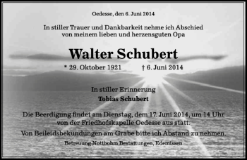 Traueranzeige von Walter Schubert von Peiner Allgemeine Zeitung