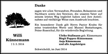 Traueranzeige von Willi Künnemann von Peiner Allgemeine Zeitung