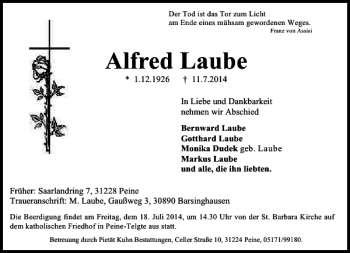 Traueranzeige von Alfred Laube von Peiner Allgemeine Zeitung
