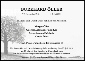 Traueranzeige von BURKHARD ÖLLER von Peiner Allgemeine Zeitung