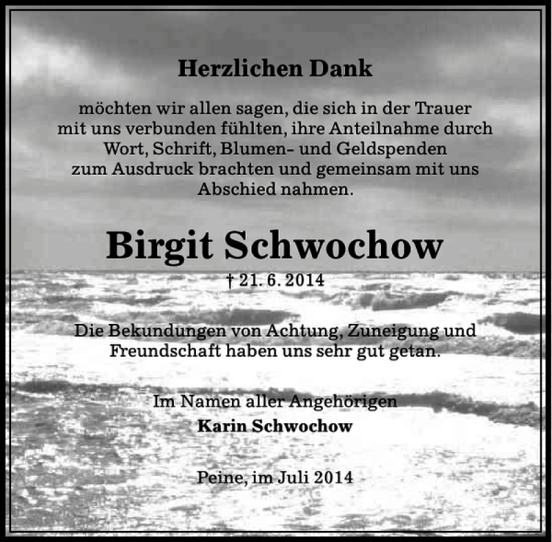  Traueranzeige für Birgit Schwochow vom 09.07.2014 aus Peiner Allgemeine Zeitung