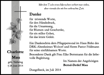 Traueranzeige von Charlotte Mau von Peiner Allgemeine Zeitung