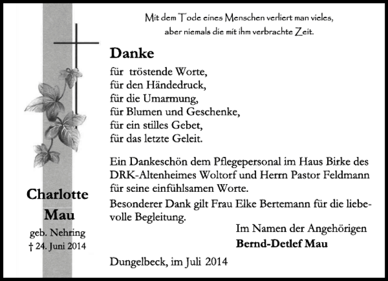  Traueranzeige für Charlotte Mau vom 18.07.2014 aus Peiner Allgemeine Zeitung