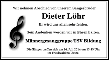 Traueranzeige von Dieter Löhr von Peiner Allgemeine Zeitung