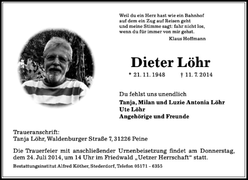  Traueranzeige für Dieter Löhr vom 19.07.2014 aus Peiner Allgemeine Zeitung