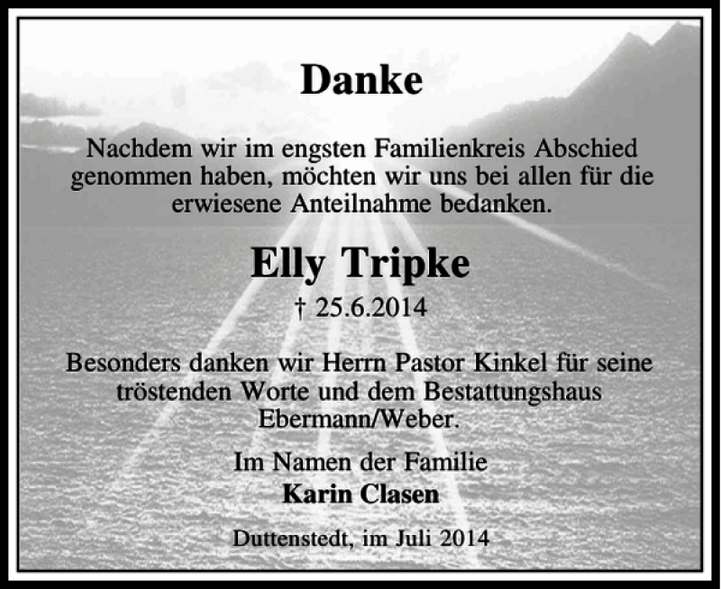  Traueranzeige für Elly Tripke vom 25.07.2014 aus Peiner Allgemeine Zeitung