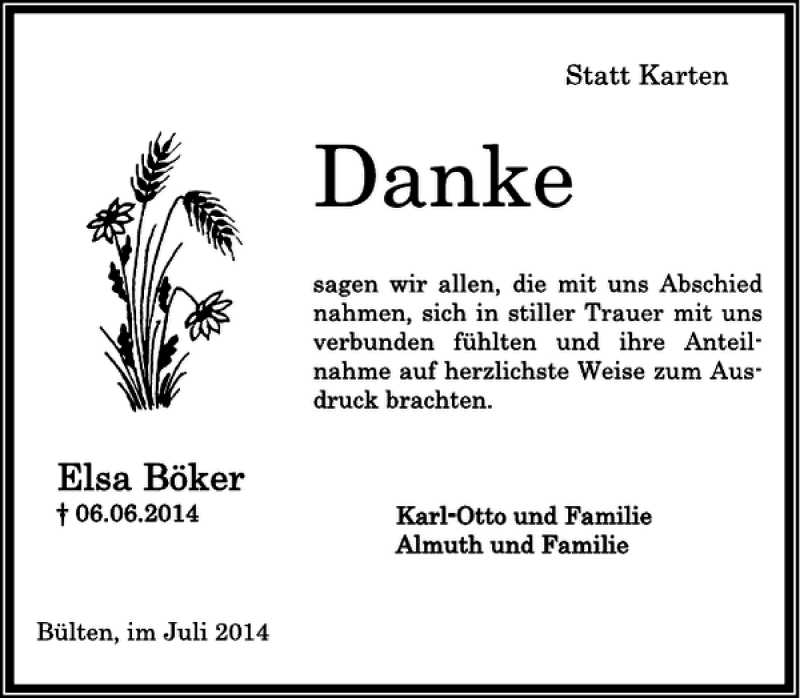  Traueranzeige für Elsa Böker vom 05.07.2014 aus Peiner Allgemeine Zeitung