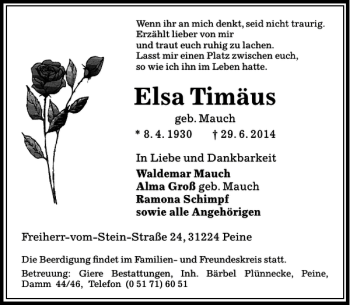 Traueranzeige von Elsa Timäus von Peiner Allgemeine Zeitung