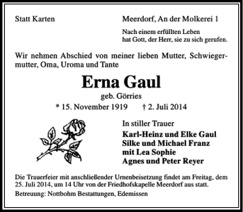 Traueranzeige von Erna Gaul von Peiner Allgemeine Zeitung