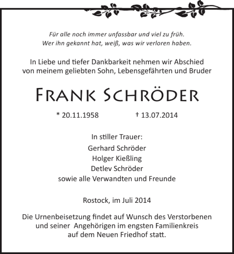  Traueranzeige für Frank Schröder vom 19.07.2014 aus Ostsee-Zeitung