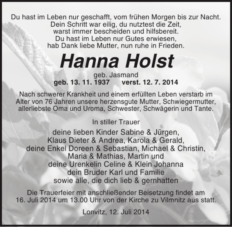  Traueranzeige für Hanna Holst vom 15.07.2014 aus Ostsee-Zeitung