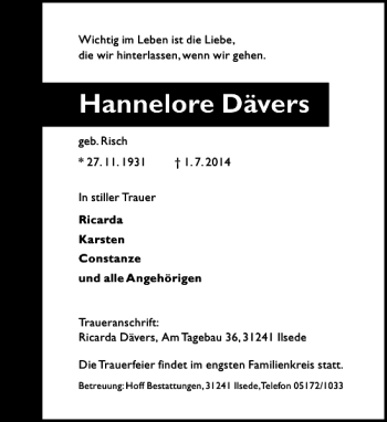 Traueranzeige von Hannelore Dävers von Peiner Allgemeine Zeitung