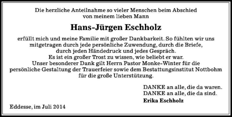  Traueranzeige für Hans-Jürgen Eschholz vom 19.07.2014 aus Peiner Allgemeine Zeitung