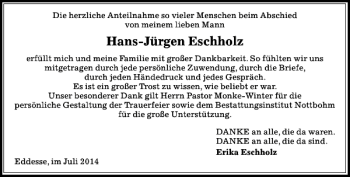 Traueranzeige von Hans-Jürgen Eschholz von Peiner Allgemeine Zeitung
