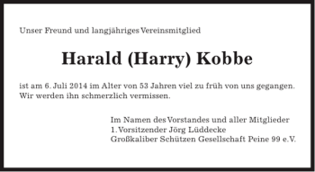 Traueranzeige von Harald Harry Kobbe von Peiner Allgemeine Zeitung