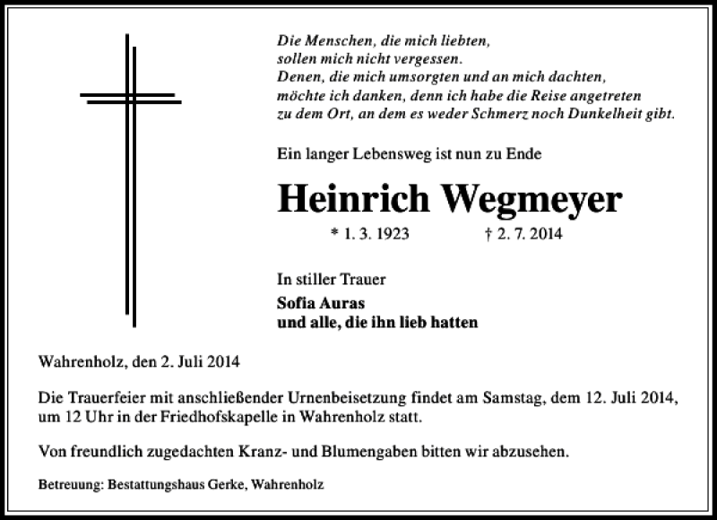  Traueranzeige für Heinrich Wegmeyer vom 09.07.2014 aus Aller Zeitung / Wolfsburger Allgemeine