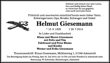 Traueranzeige von Helmut Giesemann von Peiner Allgemeine Zeitung