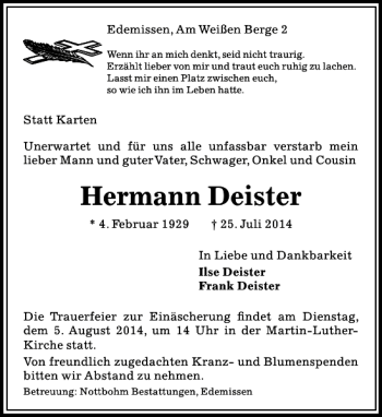 Traueranzeige von Hermann Deister von Peiner Allgemeine Zeitung