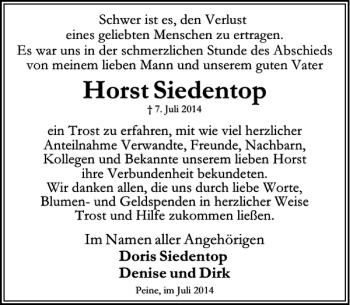 Traueranzeige von Horst Siedentop von Peiner Allgemeine Zeitung