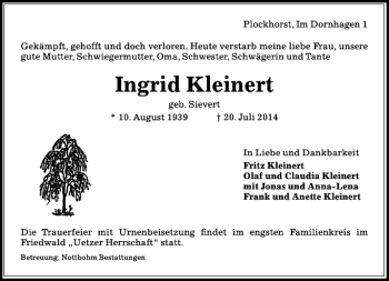 Traueranzeige von Ingrid Kleinert von Peiner Allgemeine Zeitung