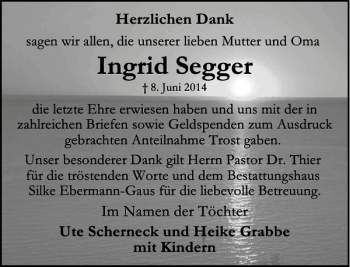 Traueranzeige von Ingrid Segger von Peiner Allgemeine Zeitung