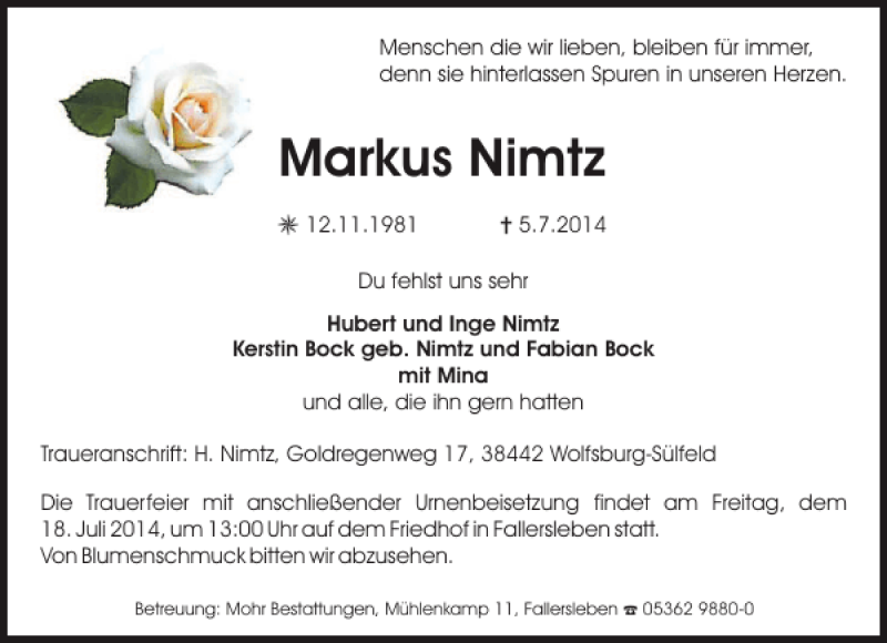  Traueranzeige für Markus Nimtz vom 12.07.2014 aus Aller Zeitung / Wolfsburger Allgemeine