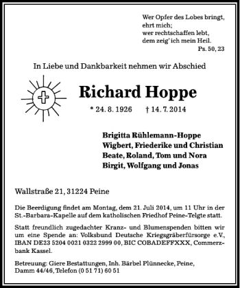 Traueranzeige von Richard Hoppe von Peiner Allgemeine Zeitung