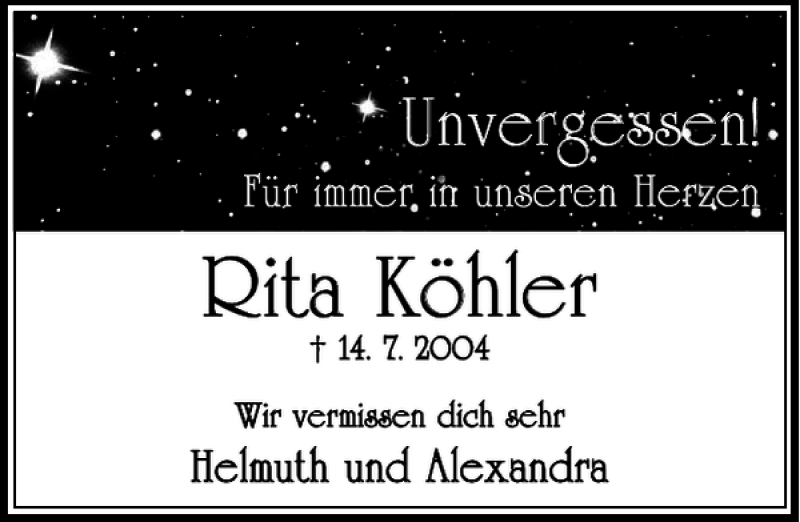  Traueranzeige für Rita Köhler vom 14.07.2014 aus Peiner Allgemeine Zeitung