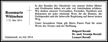 Traueranzeige von Rosemarie Wittneben von Peiner Allgemeine Zeitung