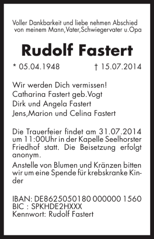  Traueranzeige für Rudolf Fastert vom 26.07.2014 aus HAZ/NP