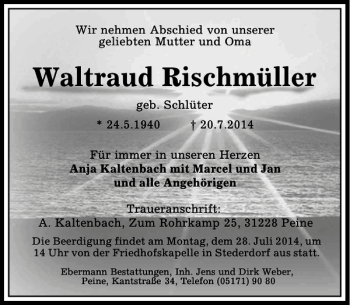 Traueranzeige von Waltraud Rischmüller von Peiner Allgemeine Zeitung