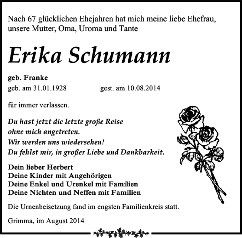  Traueranzeige für Erika Schumann vom 30.08.2014 aus Leipziger Volkszeitung