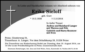 Traueranzeige von Erika Sieloff von Peiner Allgemeine Zeitung