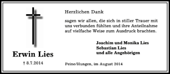 Traueranzeige von Erwin Lies von Peiner Allgemeine Zeitung